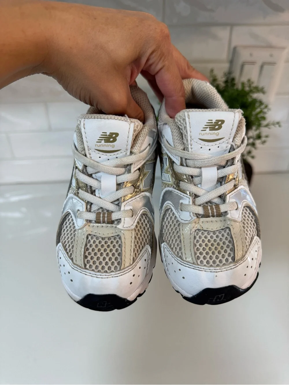 New Balance Kids White and Beige Mesh Running Sneaker